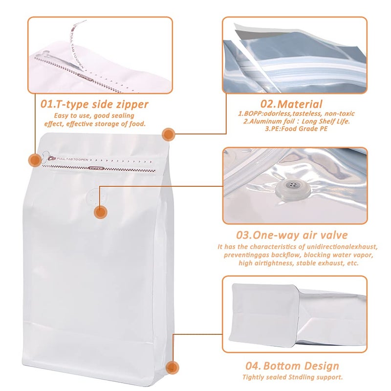 REMTAP Coffee Bags with Valve(50pcs,8oz) White High Barrier Aluminumed Foil Flat Bottom Standing Coffee Beans Storage Bags,Reusable Heat Sealable Side Zipper Pouches for Home or Store - Image 3